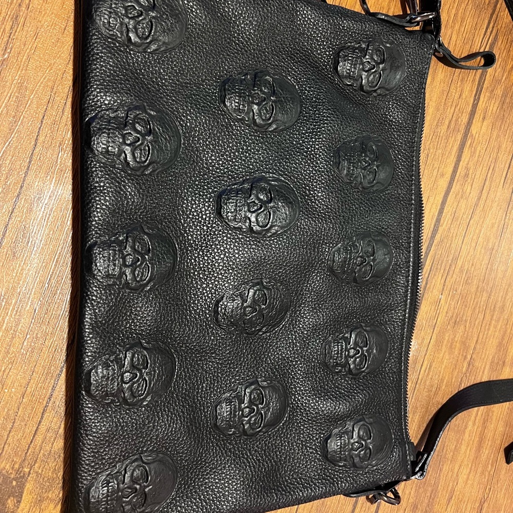 Black Skull Embossed Leather Clutch